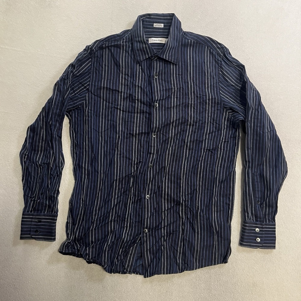 Calvin Klein Long Sleeve Shirt Men's Size Medium Striped Collar Button Up